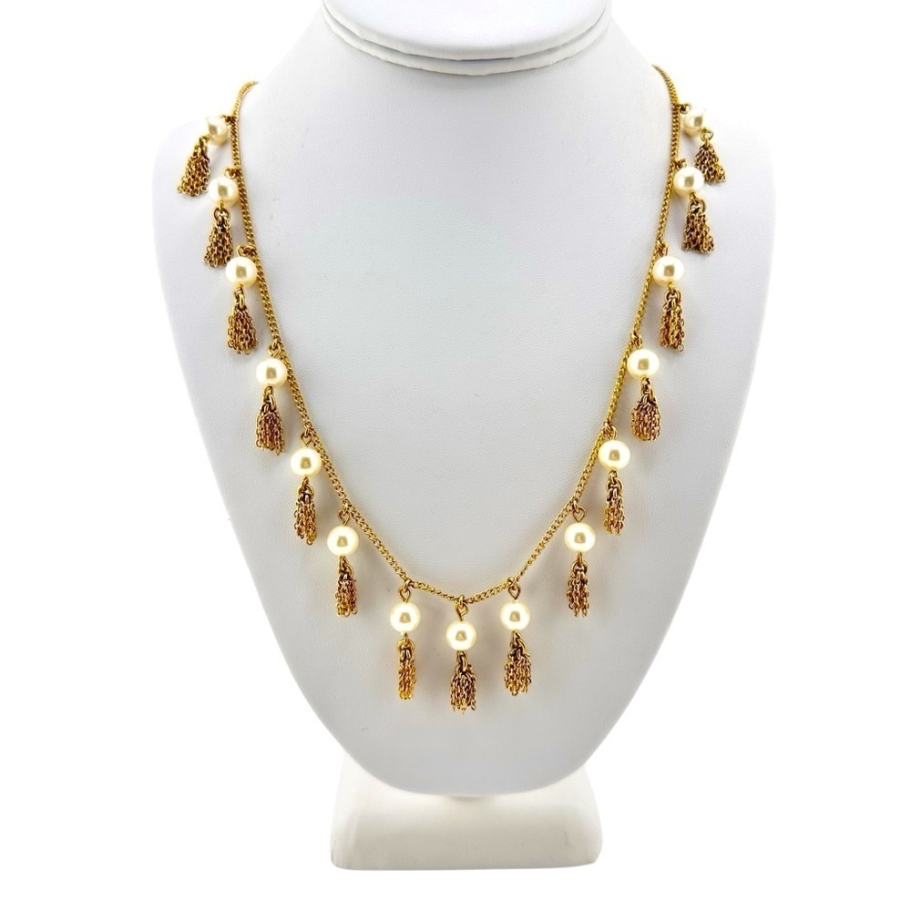 J Crew Necklace in Gold Tone with Faux Pearl and Tassel Necklace